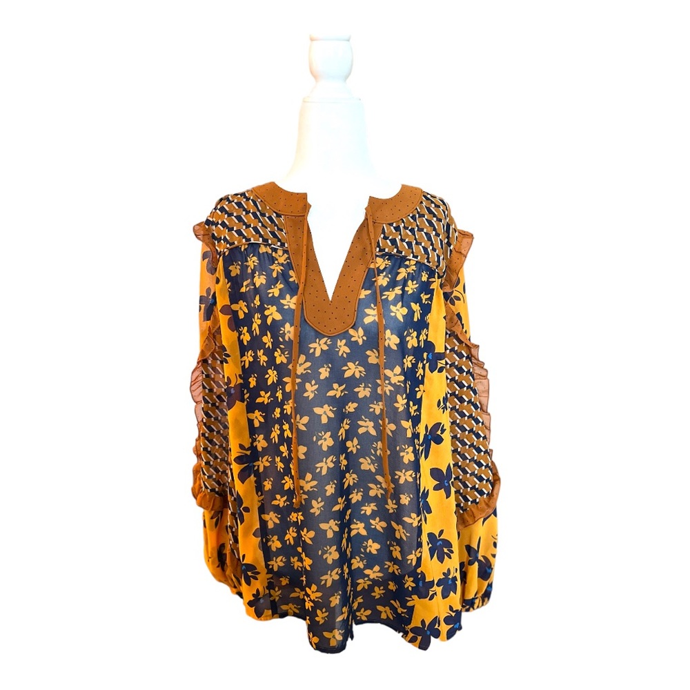 CAbi Blouse. Yellow and blue floral. Medium.